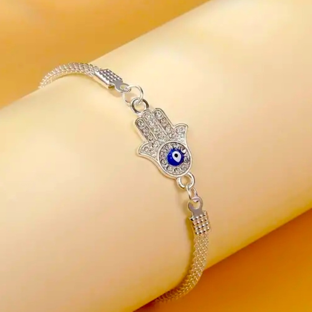 Hamsa rhinestone evil eye protection anklet bracelet  silver tone NWT